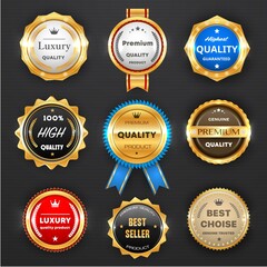 Award and quality labels isolated vector round emblems with golden frames and ribbons. Best seller, luxury product store promotion, shop special offer. Highest quality badge design icons or stamps set - obrazy, fototapety, plakaty