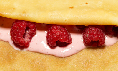 Pancakes with cream and raspberries. Vitamin Dessert.