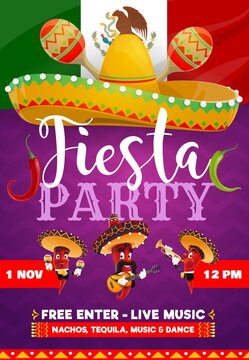 Fiesta party vector flyer. Mariachi band jalapenos chili peppers in sombrero playing trumpet, maracas and guitar. Mexican characters play music for Cinco de Mayo celebration event cartoon poster