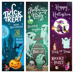 Halloween holiday trick or treat horror party monsters and ghosts vector banners. Happy Halloween greeting, witch with black cat flying on broomstick, zombie hand in grave and scary pumpkin lantern - obrazy, fototapety, plakaty