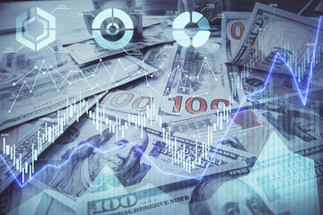 Multi exposure of forex chart drawing over us dollars bill background. Concept of financial success markets.