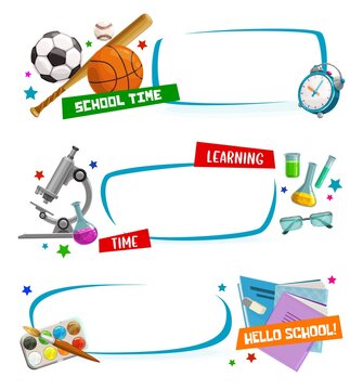 Education vector banners with school supplies and student stationery. Book, notebook, paint and brush, microscope, chemical test tubes and flasks, balls, bat, alarm clock and glasses, back to school