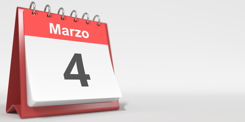 March 4 date written in Spanish on the flip calendar, 3d rendering