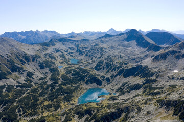 Scenic view of the valley with a blue lake and mountains, in summer, Bulgaria. Mountain lakes...