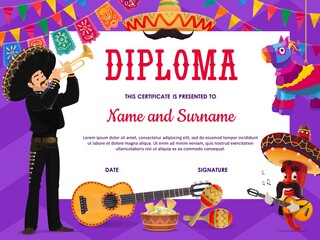 School education diploma vector template with cartoon mariachi mexican musician, chilli pepper in sombrero, guitar, pinata with maracas and flags garland. School or kindergarten certificate or frame