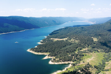 Obraz premium Beautiful authentic landscape, aerial view from drone. Coniferous forests on banks of Batak reservoir located in Rhodope Mountains, Bulgaria. Attracts many tourists, fishermen and hunters. Travel 