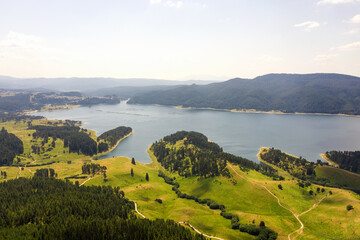 Beautiful authentic landscape, aerial view from drone. Coniferous forests on banks of Batak reservoir located in Rhodope Mountains, Bulgaria. Attracts many tourists, fishermen and hunters. Travel 