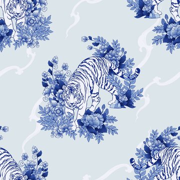Tiger walking in Flower bush illustration doodle Porcelain ) with Color gradation Chinese brush Porcelain blue tone and Light gray background  seamless pattern vector for digital painting 