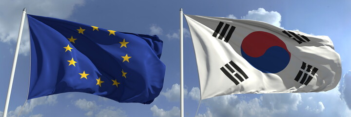 National flags of the European Union and South Korea, 3d rendering