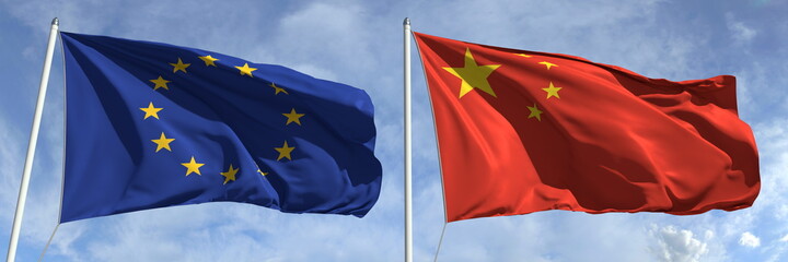 National flags of the European Union and China, 3d rendering