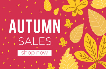 autumn sale poster with lettering and leafs pattern in pink background