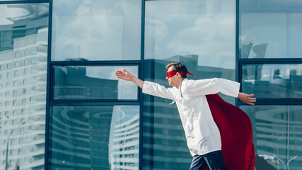 medic superhero hurries to the sick city resident.