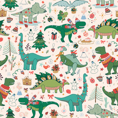 Dinosaur christmas happy new year doodle seamless hand drawn vector pattern © GooseFrol