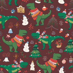 Dinosaur christmas happy new year doodle seamless hand drawn vector pattern