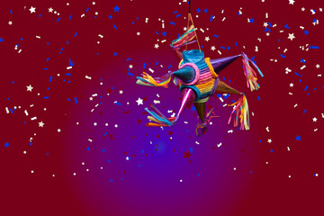 Piñata mexicana con brillos de colores, fondo para tarjeta, fondo festivo, cumpleaños