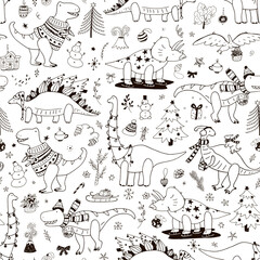 Dinosaur christmas happy new year doodle seamless hand drawn vector pattern