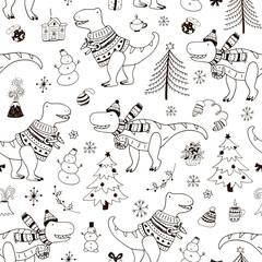 Dinosaur christmas happy new year doodle seamless hand drawn vector pattern