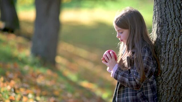 Little girl in autumn polto eating a red ripe apple near a tree in the park