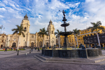 Fototapeta na wymiar LIMA, PERU: View of the Cathedral church in the Old town of the city.