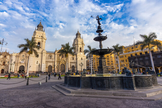 LIMA, PERU: View of the Cathedral church in the Old town of the city.