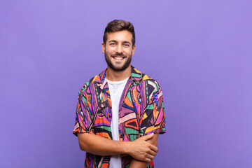 young man laughing shyly and cheerfully, with a friendly and positive but insecure attitude