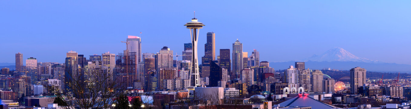 Panoramic View Of Seattle Skyline At Sunset