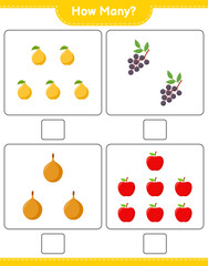 Counting game, how many fruits. Educational children game, printable worksheet, vector illustration