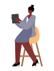 seated black woman with tablet on chair working vector design