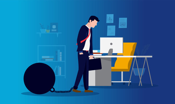 Work depression - Man having a hard time arriving at work, entering darkness with chain on foot. Burnout, depressed and lack of enthusiasm concept. Vector illustration.