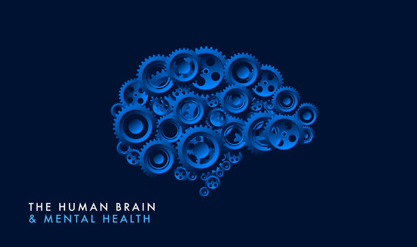 Complex human brain machine put together by cogwheels. Brain function, thinking, thoughts and mental health concept. Vector illustration.