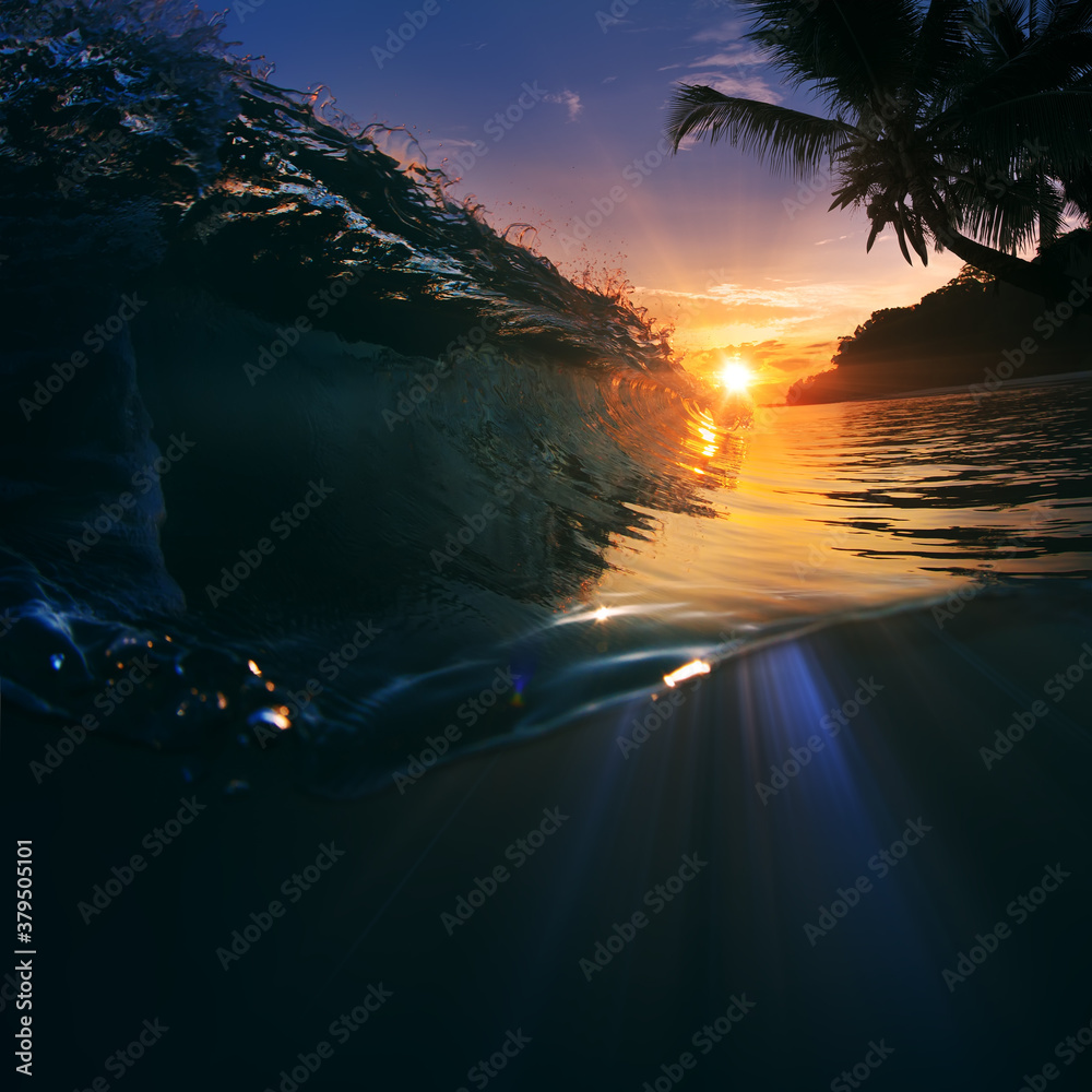 Wall mural glossy ocean wave under beautiful sunset
