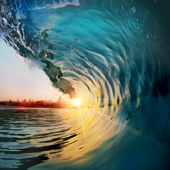 Beautiful ocean surfing shorebreak wave at sunset time. The sun inside of barrel - obrazy, fototapety, plakaty