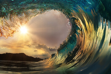 Beautiful ocean surfing wave at sunset beach - obrazy, fototapety, plakaty