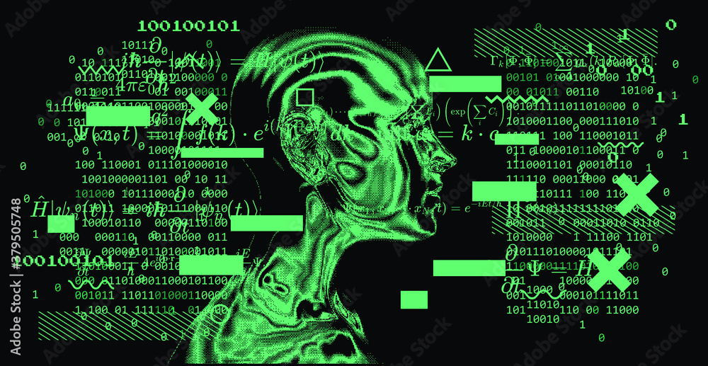 Poster pixelated human silhouette. conceptual illustration of artificial intelligence, cryptography and cyb