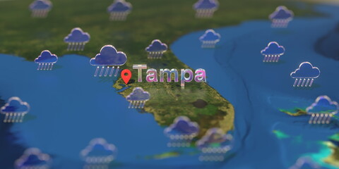 Tampa city and rainy weather icon on the map, weather forecast related 3D rendering