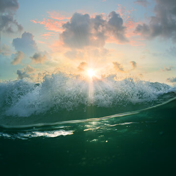 Beautiful Sunset With Ocean Breaking Wave And Waterline