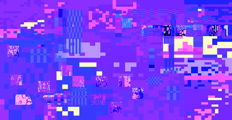Glitch datamoshing camera effect. Retro VHS pink background like in old video tape rewind or no signal TV screen. Vaporwave and retrowave style vector illustration.