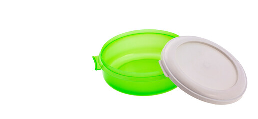 Clear plastic container with green lid - White background