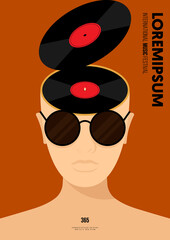 Music poster design template background with gramophone record player