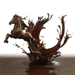 Sweet food design element template isolated on white background. Liquid hot chocolate horse made of brown glossy coffe running with splashes.