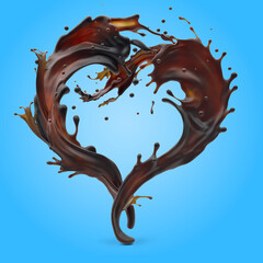 Design element. Brown coffee and white cream milk splashes moving to each other in shape of heart as symbol of love