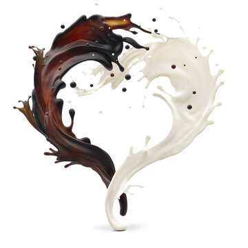 Design element. Brown coffee and white cream milk splashes moving to each other in shape of heart as symbol of love