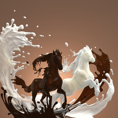 creamy milky and hot brownish chocolate liquid horses running over mixed splashes making bunch of drops