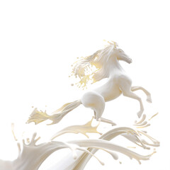 Food design element isolated on white background. Liquid horse made of fat glossy milk running making splashes.