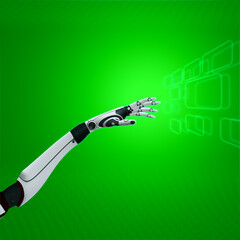 cybernetic hand on abstract background sci-fi robot working with green virtual interface