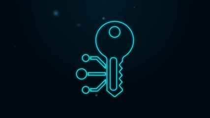 Glowing neon line Cryptocurrency key icon isolated on black background. Concept of cyber security or private key, digital key with technology interface. 4K Video motion graphic animation