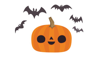 Happy Halloween design. Cute pumpkin with carved smile face, spooky season. Flying bats. Funny illustration. Trick or treat decoration.