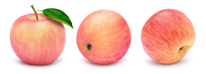 Closeup three whole pink fuji apples with green leaf isolated on white background. Full depth of field.