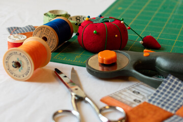 orange and blue quilting supplies