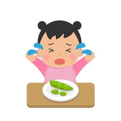 Cute baby eating vegetables, picky eaters, angry, crying, daily life, cartoon comic vector illustration, set, isolated